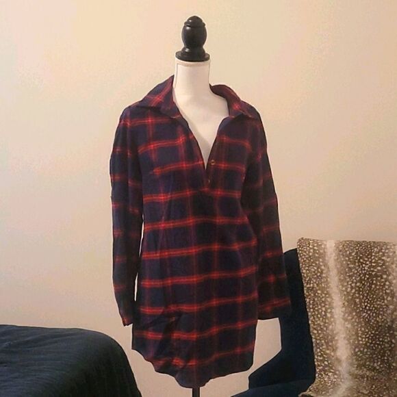 SHEIN Navy Plaid Roll Tab Sleeve Half Placket Shir - Picture 1 of 2